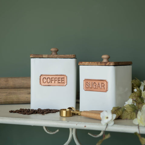SET/ 2 COPPER & WHITE SQUARE CANISTERS